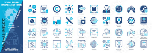 Digital Rights Management icon set. Intellectual Property, Encryption, Music, Copyright Holder, Game, Access, Management, Multimedia. Duotone color solid and editable outline icons