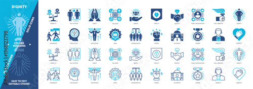 Dignity icon set. Respect, Public Recognition, Power, Honesty, Authority, Motivation, Leadership, Nobility. Duotone color solid and editable outline icons