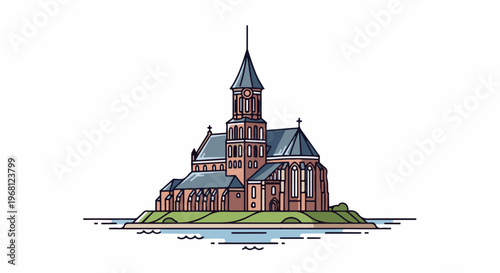 Stylized brick building with a tall spire stands on a grassy island in water