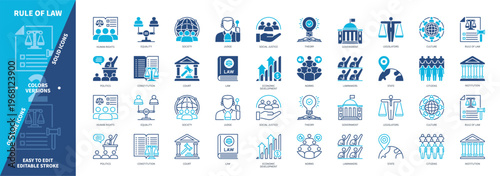 Rule of Law icon set. Institution, Court, Culture, Lawmakers, Equality, Norms, Economic, Legislators. Duotone color solid and editable outline icons