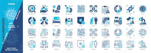 Virus icon set. Medication, Microorganisms, Vaccine, Immunity, Pandemic, Virology, Disease, Ecosystem. Duotone color solid and editable outline icons