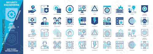 Security Engineering icon set. Testing, Firewall, Monitoring, Disaster Recovery, Training, Data Protection, Analysis, Vulnerability. Duotone color solid and editable outline icons