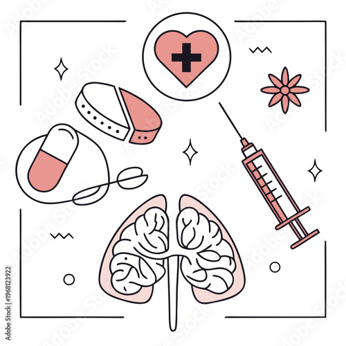 Wellness and health concept icons with lungs brain and heart cross symbol for alternative medicine and holistic therapy center visual brand design.