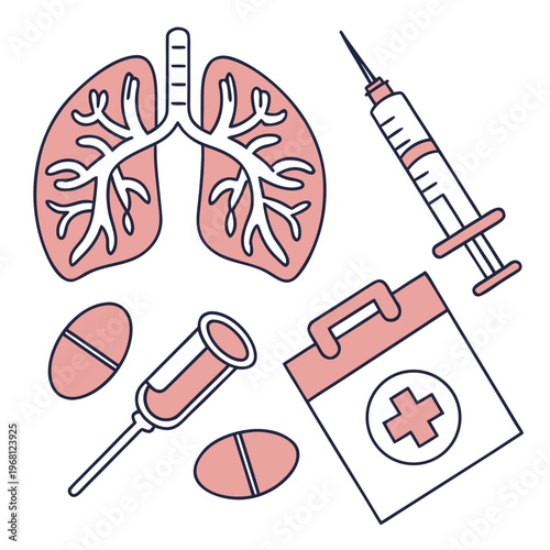 Hospital supplies illustration including lungs syringe and medical kit for nursing school education and pharmacy advertisement in decorative line art.