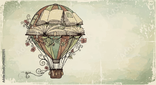 Vintage hot air balloon with floral decorations soaring in the sky with a nostalgic feel and warm lighting