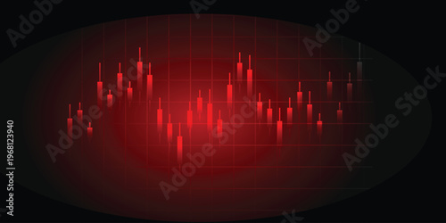 Red glowing candlestick financial chart in dark oval frame with grid background, abstract data visualization concept for stock market dashboards, financial reports and digital marketing