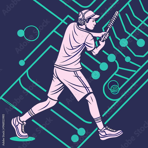 Young man playing baseball against digital circuit board background vector illustration conceptualizing sports analytics and data driven performance.