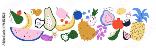 Exotic tropical fruits, horizontal composition. Healthy natural sweet food, doodle banana, watermelon piece, melon slice, pineapple, apple half. Flat vector illustration isolated on white background