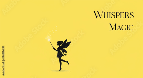 Whimsical fairy silhouette with magic wand against bright yellow background conveying fantasy and enchantment