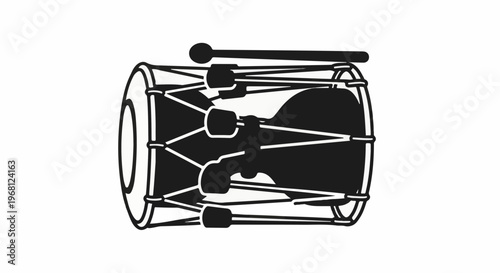 Stylized black and white illustration of a traditional barrel drum with a beater stick