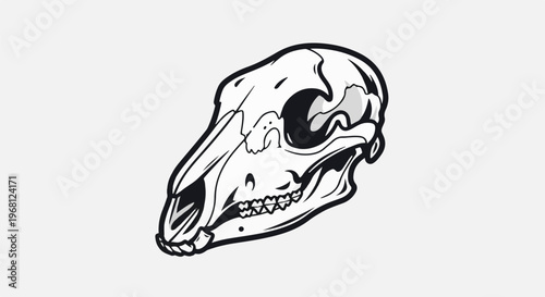 Stylized black and white illustration of an animal skull on a pale background
