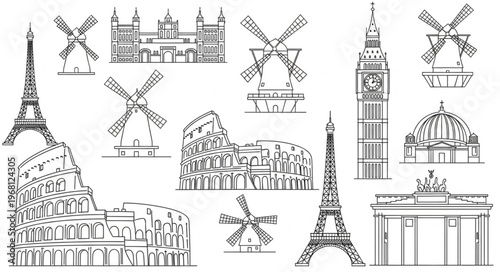 Collection of Famous Landmarks and Buildings in Sketch Style.