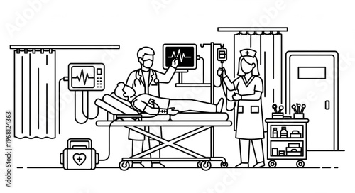Doctor and nurse tending to patient in hospital room with medical equipment.