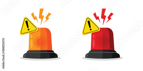 Alarming yellow and red lamp, sign of attention, danger. Alert signal. Set of vector emergency warning elements, Red siren light. Warning sign, police alarm, ambulance alarm. 