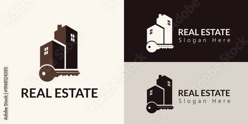 Real estate house with key logo with REAL ESTATE and Slogan Here placeholder text in beige dark and white variations, vector illustration concept for property branding, relocation services and web