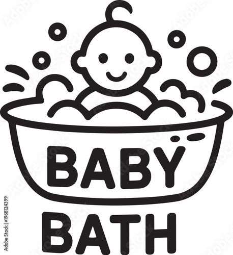 Cute hand drawn baby taking a bath in a tub with splashing water bubbles