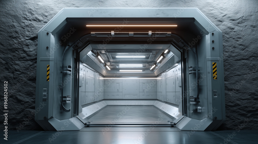 Fototapeta premium futuristic bunker hatch door, solid reinforced structure, industrial sci-fi architecture, heavy steel and concrete materials, secure sealed airlock, soft interior lighting, detaile