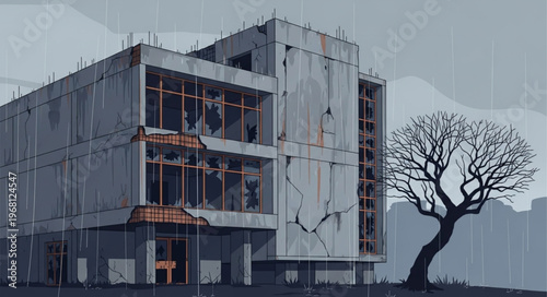 Concrete building under construction with bare tree and rain.