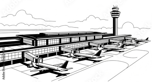 Modern Airport Terminal Building with Airplanes and Control Tower.