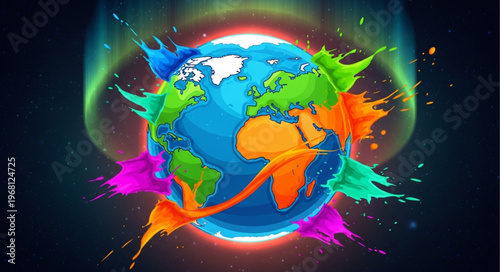 Colorful Earth Globe Splashing Paint Around the World.