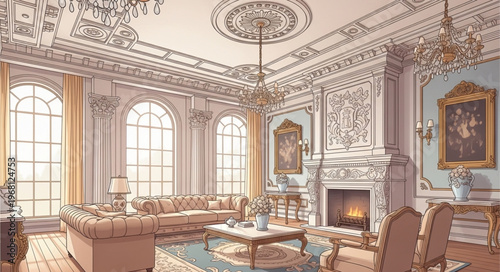 Elegant Rococo Living Room Interior Design Sketch.