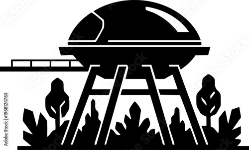 Stylized illustration of alien spaceship hovering over landscape with trees and plants, futuristic UFO design, black and white graphic.