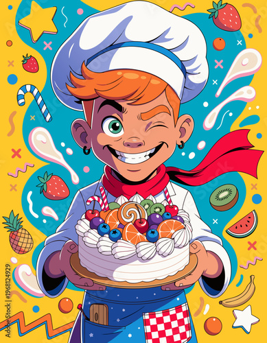 ケーキとウィンクする元気な少年シェフのポップなイラスト