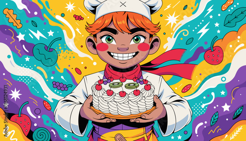 ケーキとウィンクする元気な少年シェフのポップなイラスト