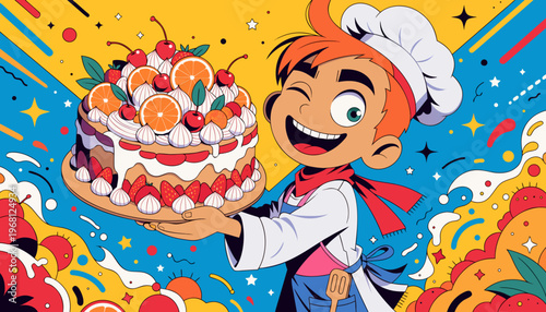ケーキとウィンクする元気な少年シェフのポップなイラスト