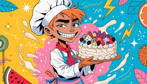 ケーキとウィンクする元気な少年シェフのポップなイラスト
