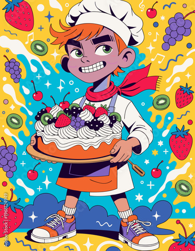 ケーキとウィンクする元気な少年シェフのポップなイラスト