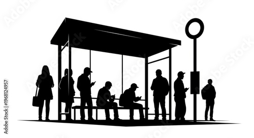 People Silhouettes Waiting at Bus Stop Shelter.