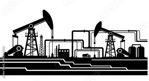 Oil pump jacks and industrial equipment silhouette.