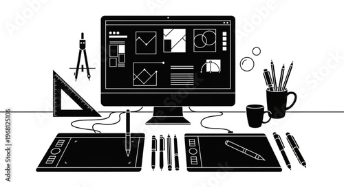 Graphic design workstation with computer and drawing tools.
