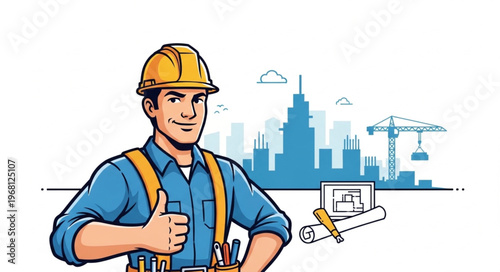 Construction worker giving thumbs up with blueprints and city skyline.