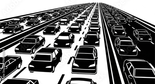 Heavy traffic jam on a multi lane highway with many cars.