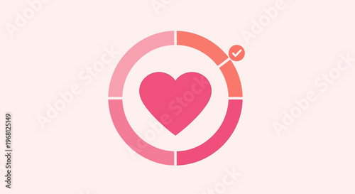 Pink Heart Icon in Circular Progress Bar with Checkmark, Love Meter Concept