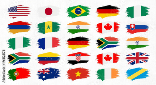 Diverse collection of world flags rendered with vibrant brushstroke textures, representing international unity, global communication, and cultural diversity on a white background
