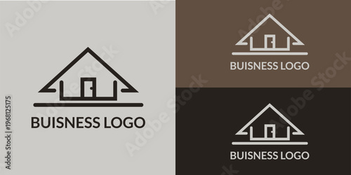 Minimal house line art business logo with BUSINESS LOGO placeholder text in light gray brown, vector illustration concept for real estate branding, corporate identity and website design