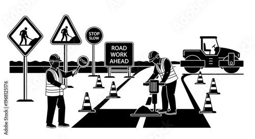 Road construction workers operating heavy machinery and equipment.