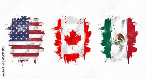 Artistic brushstroke flags of the United States, Canada, and Mexico, symbolizing North American identity and international relations