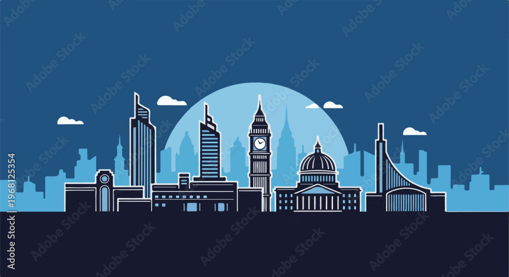 Naklejka premium Stylized cityscape with iconic buildings, modern towers and clouds