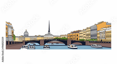Stylized cityscape with boats on a canal beneath bridges and grand buildings