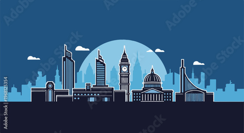 Stylized cityscape with iconic buildings, modern towers and clouds