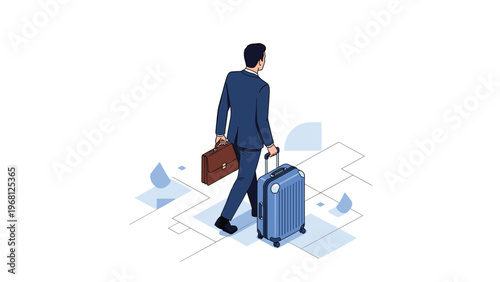 Back view of a businessman in a dark blue suit walking away while pulling a suitcase and holding a brown briefcase.