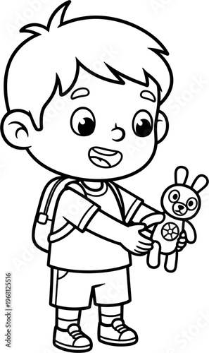 Boy holding cute rabbit toy outside.