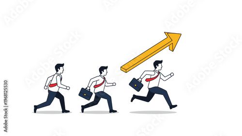 Three businessmen in shirts and ties running in a line towards a rising yellow arrow representing corporate success.