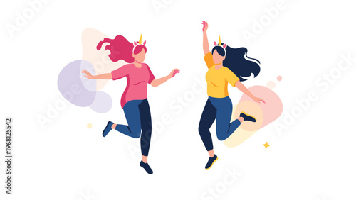 Two happy women wearing unicorn headbands jumping for joy together against a colorful abstract shapes background.