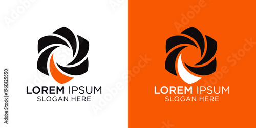 Camera logo designs with customizable slogans on clean white and vibrant orange backgrounds, perfect for branding and marketing materials