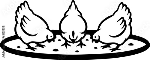 Three chickens pecking at food on a plate, black and white illustration, farm animal concept.